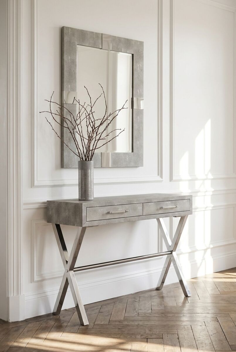 Two Drawer Grey Shagreen Effect Console Table with Stainless Steel Frame, Cardona