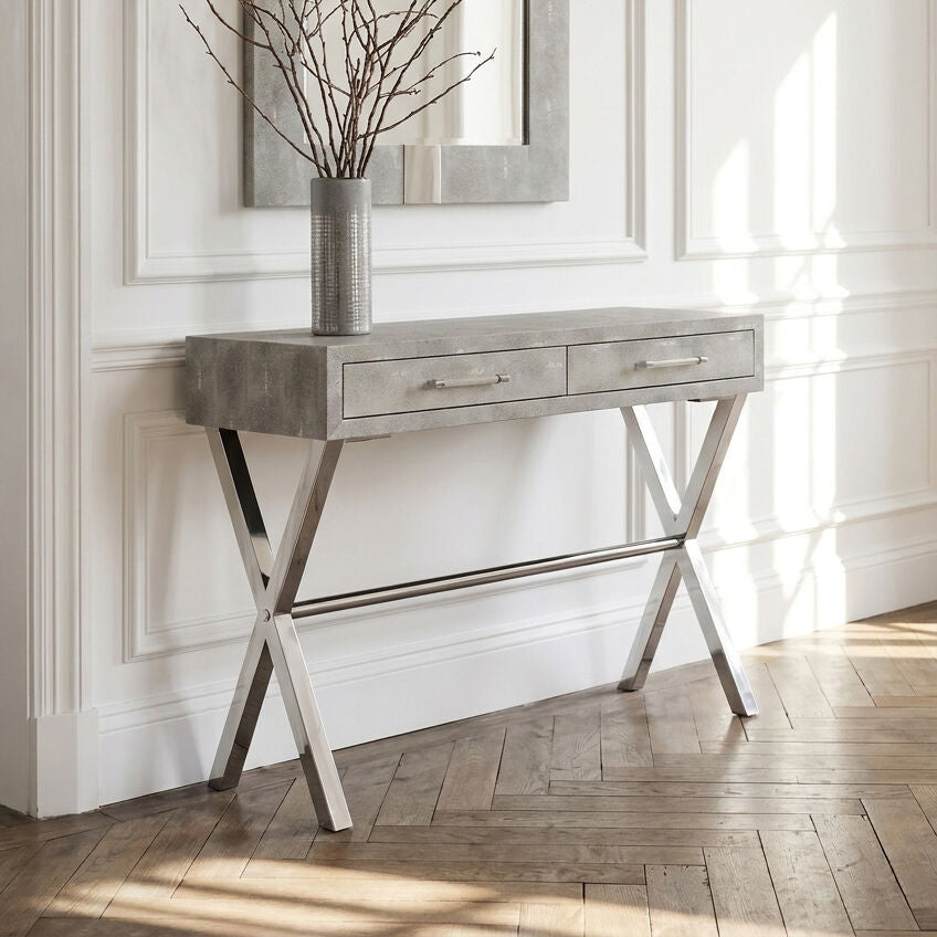 Two Drawer Grey Shagreen Effect Console Table with Stainless Steel Frame, Cardona