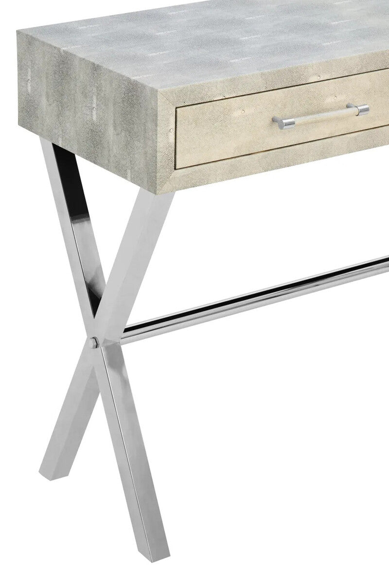 Two Drawer Grey Shagreen Effect Console Table with Stainless Steel Frame, Cardona