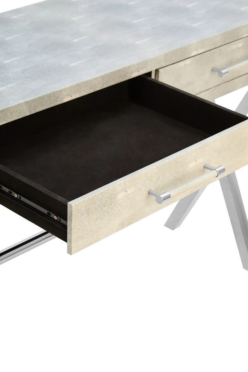 Two Drawer Grey Shagreen Effect Console Table with Stainless Steel Frame, Cardona