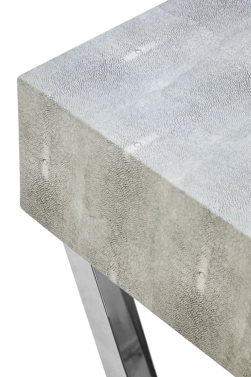 Two Drawer Grey Shagreen Effect Console Table with Stainless Steel Frame, Cardona