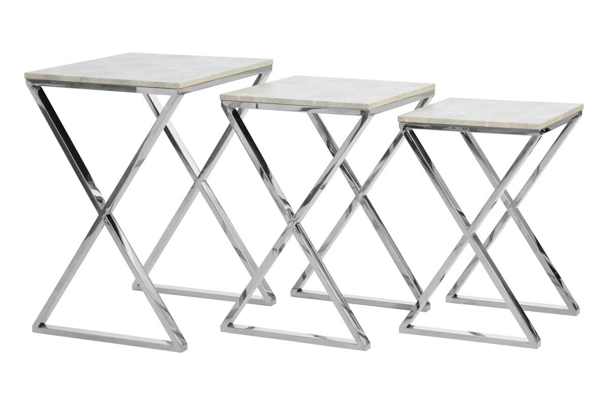 Nest of Three Grey Shagreen Effect Tables with Stainless Steel Frame, Cardona