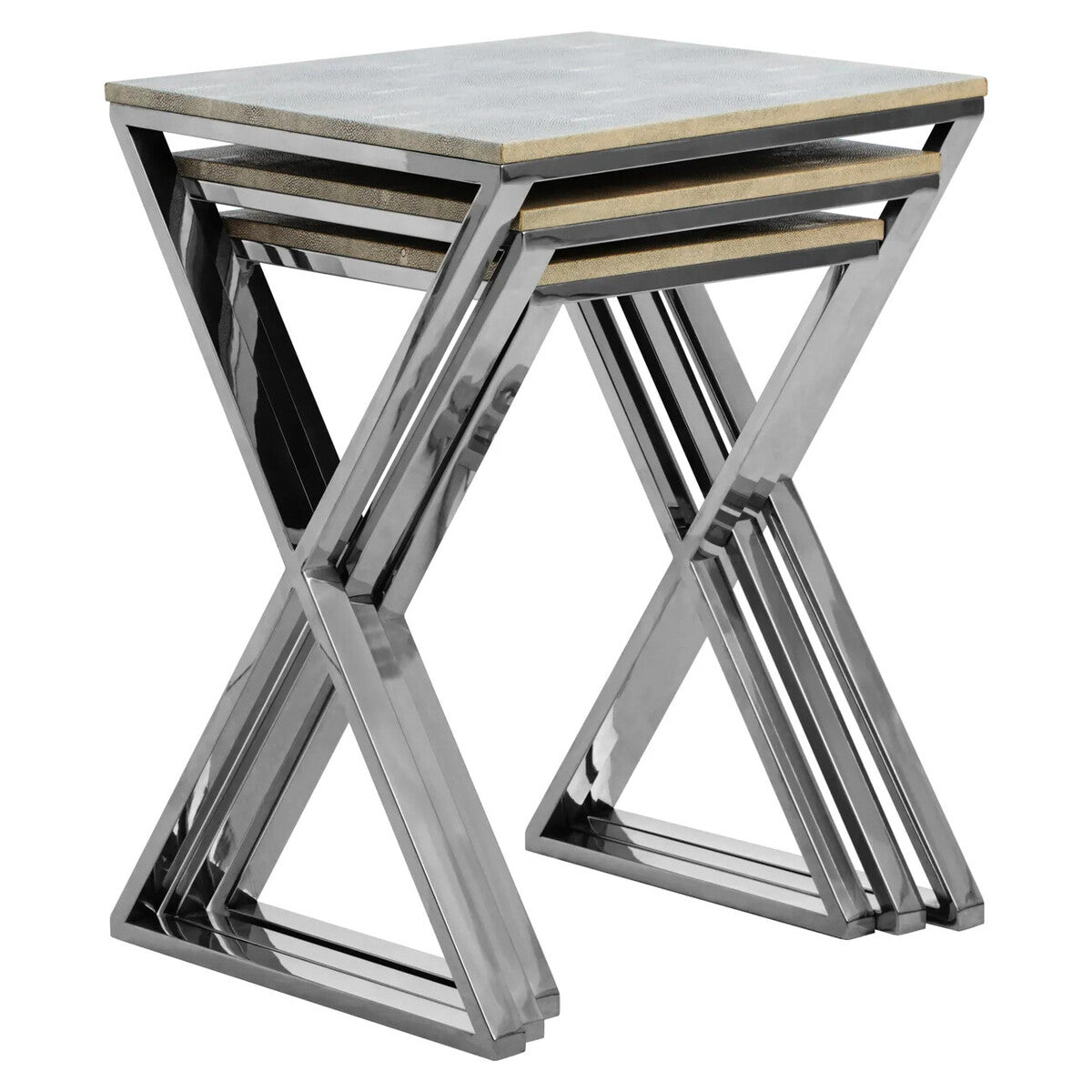 Nest of Three Grey Shagreen Effect Tables with Stainless Steel Frame, Cardona