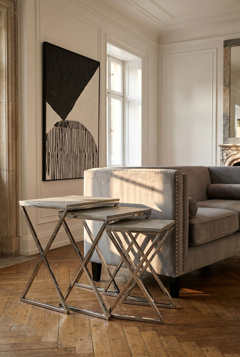 Nest of Three Grey Shagreen Effect Tables with Stainless Steel Frame, Cardona