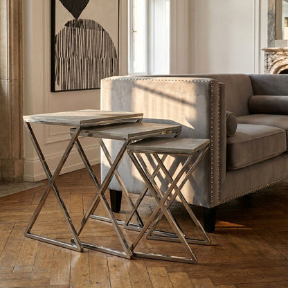Nest of Three Grey Shagreen Effect Tables with Stainless Steel Frame, Cardona