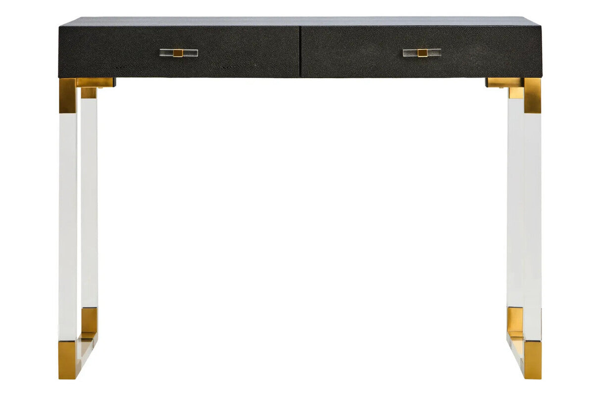 Modern console table with black top, gold accents, and white legs on a white background