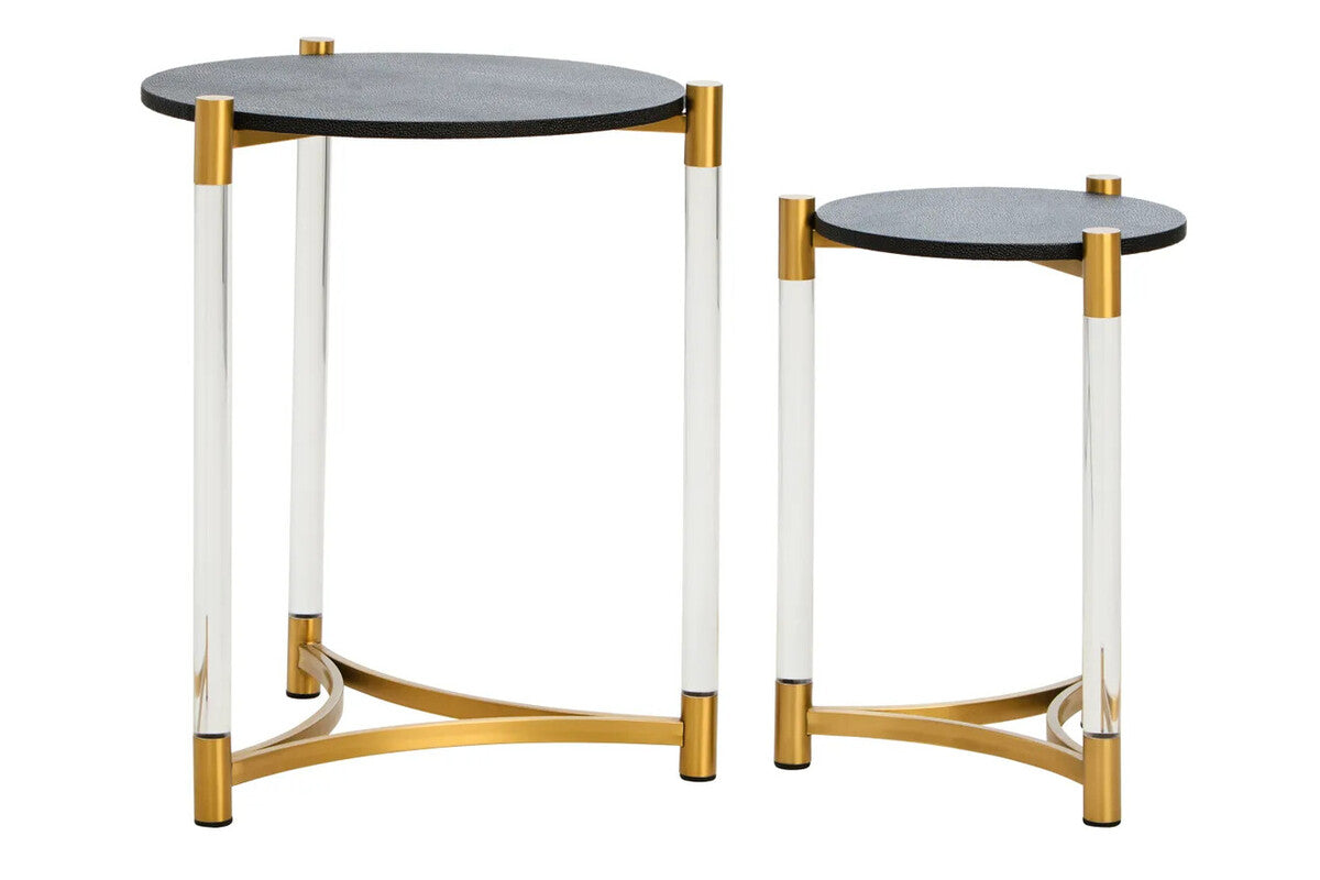 Set of Two Black Shagreen Effect Round Side Tables with Matt Gold Accents, Cardona