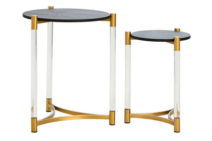 Set of Two Black Shagreen Effect Round Side Tables with Matt Gold Accents, Cardona