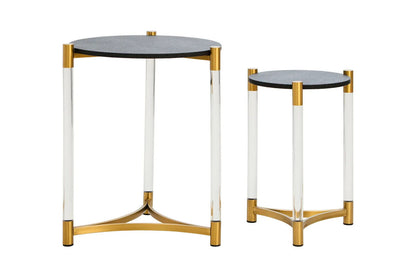 Set of Two Black Shagreen Effect Round Side Tables with Matt Gold Accents, Cardona