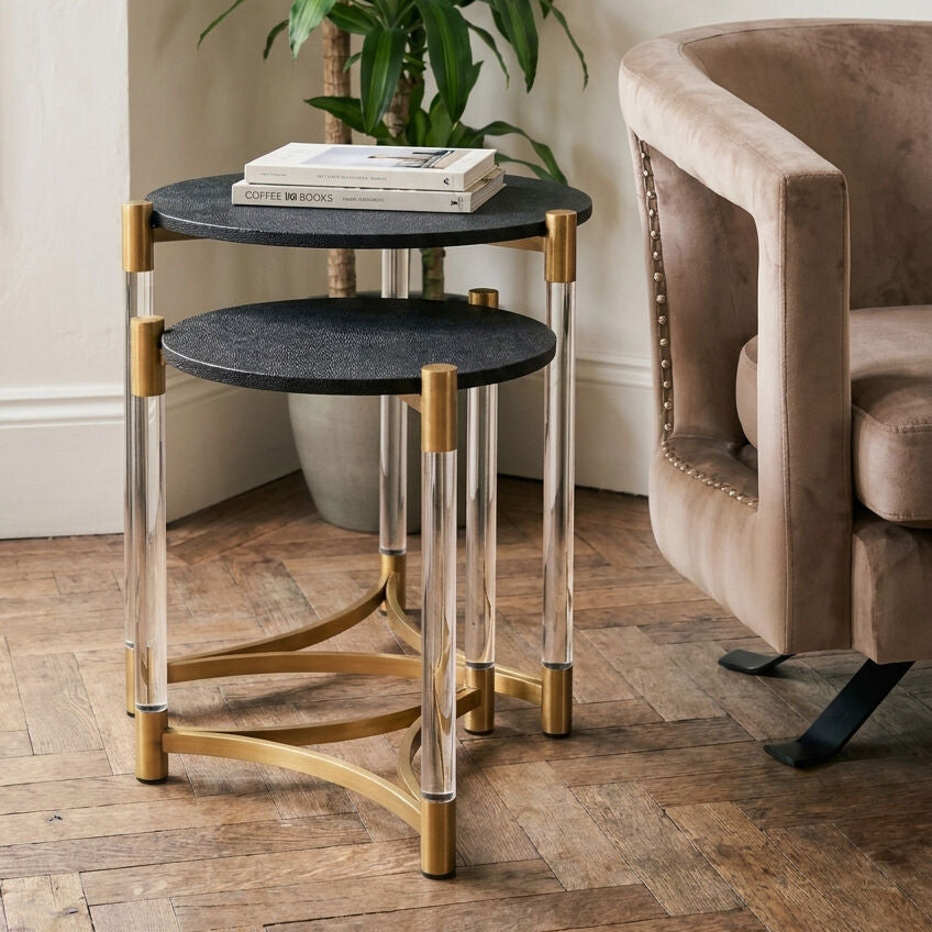 Set of Two Black Shagreen Effect Round Side Tables with Matt Gold Accents, Cardona