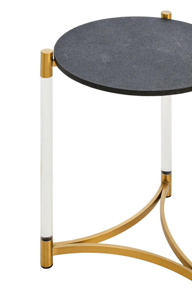 Set of Two Black Shagreen Effect Round Side Tables with Matt Gold Accents, Cardona