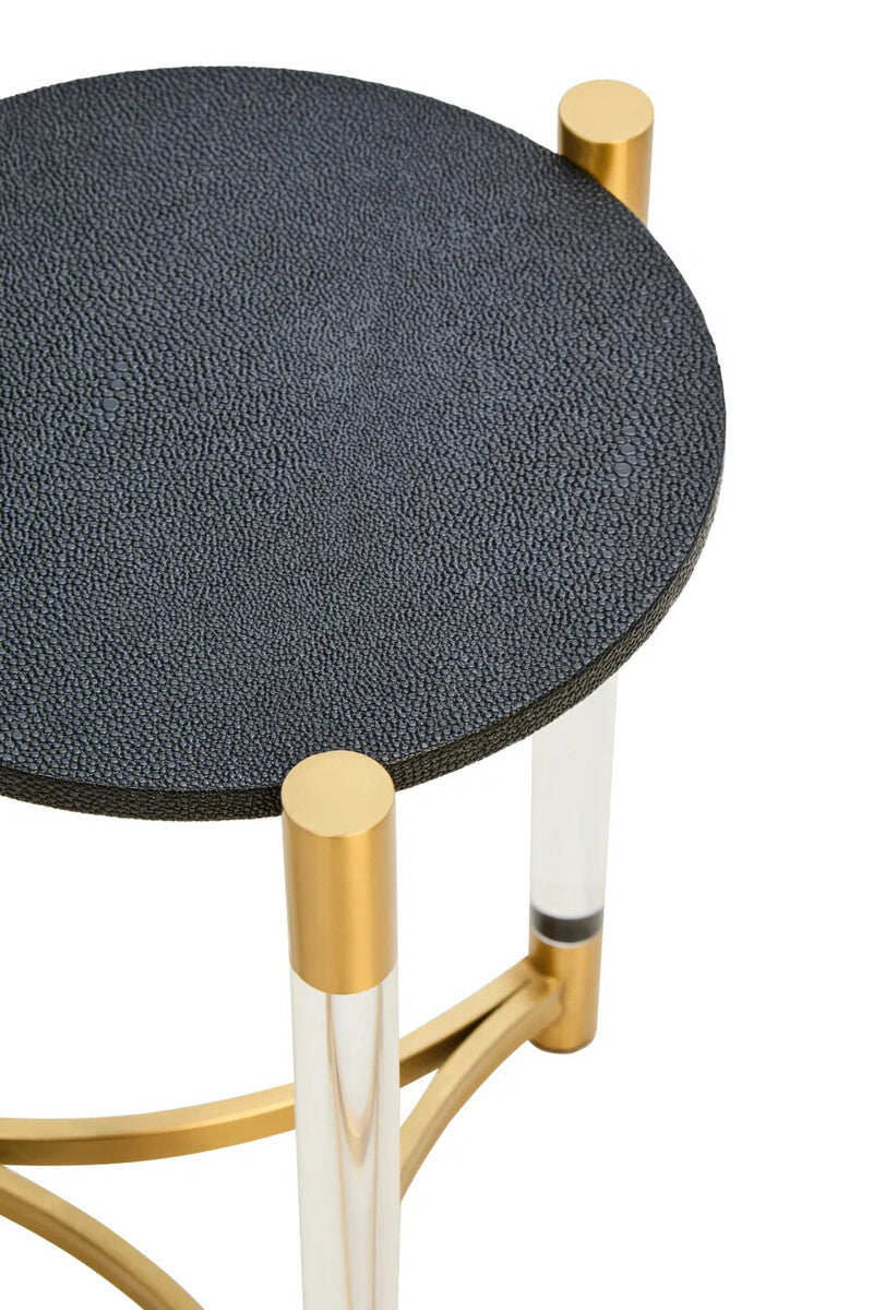 Set of Two Black Shagreen Effect Round Side Tables with Matt Gold Accents, Cardona