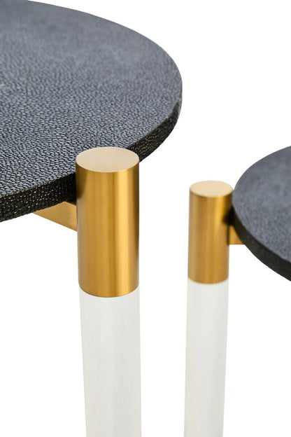 Set of Two Black Shagreen Effect Round Side Tables with Matt Gold Accents, Cardona