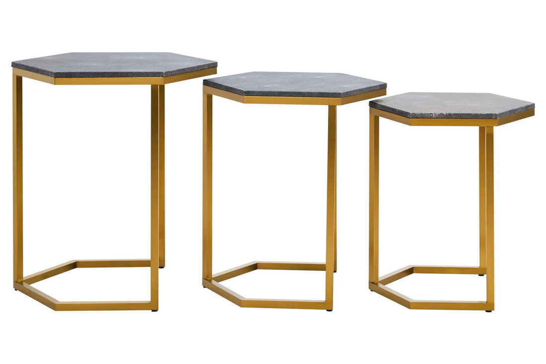 Nest of Three Blue Shagreen Effect Hexagonal Tables with Gold Finish Frame, Cardona
