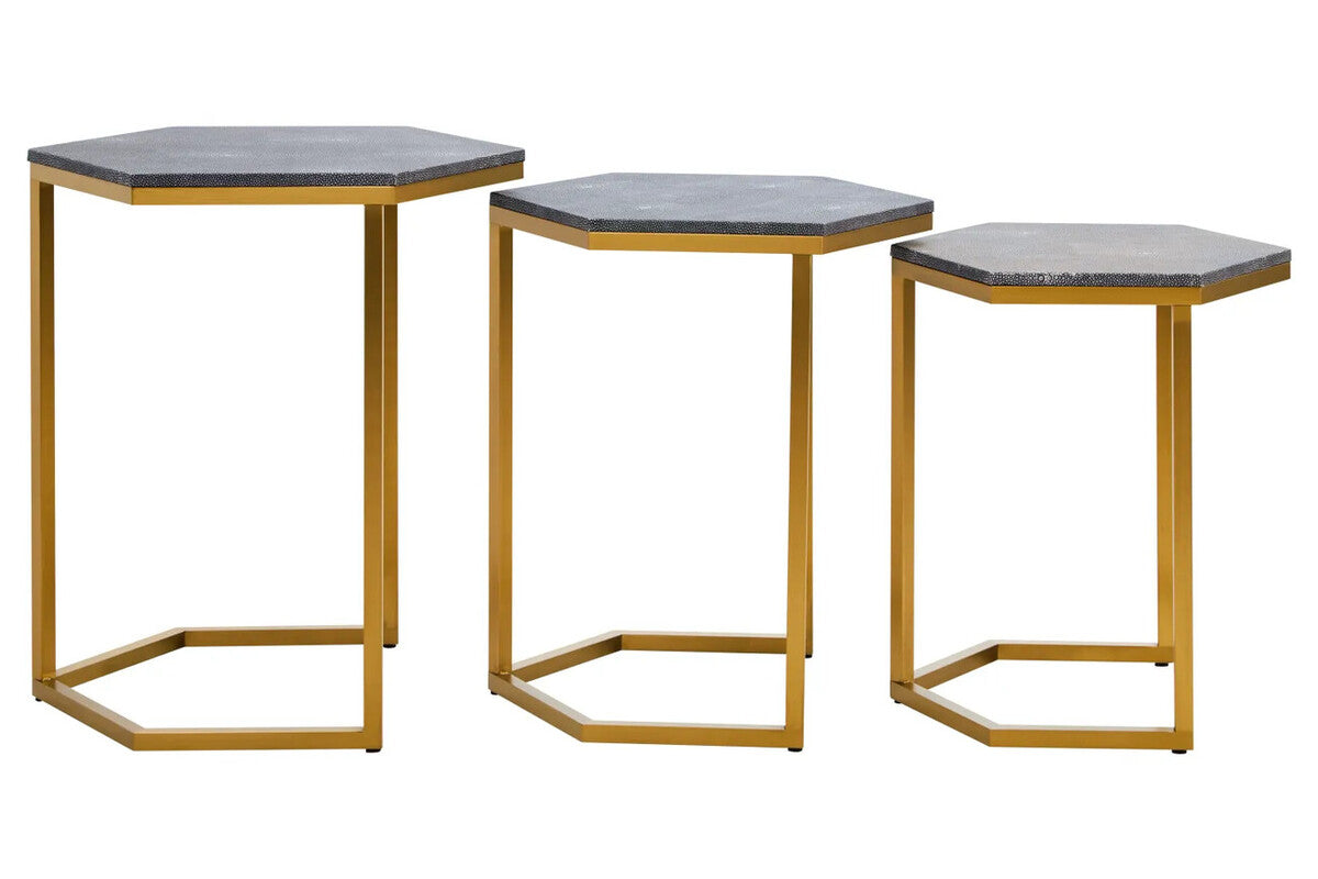 Nest of Three Blue Shagreen Effect Hexagonal Tables with Gold Finish Frame, Cardona