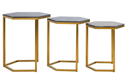 Nest of Three Blue Shagreen Effect Hexagonal Tables with Gold Finish Frame, Cardona