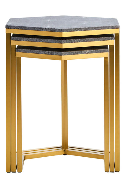 Nest of Three Blue Shagreen Effect Hexagonal Tables with Gold Finish Frame, Cardona