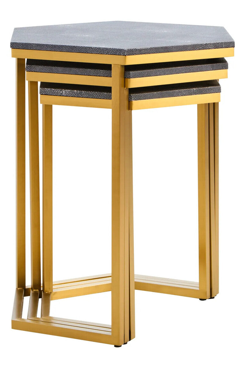 Nest of Three Blue Shagreen Effect Hexagonal Tables with Gold Finish Frame, Cardona
