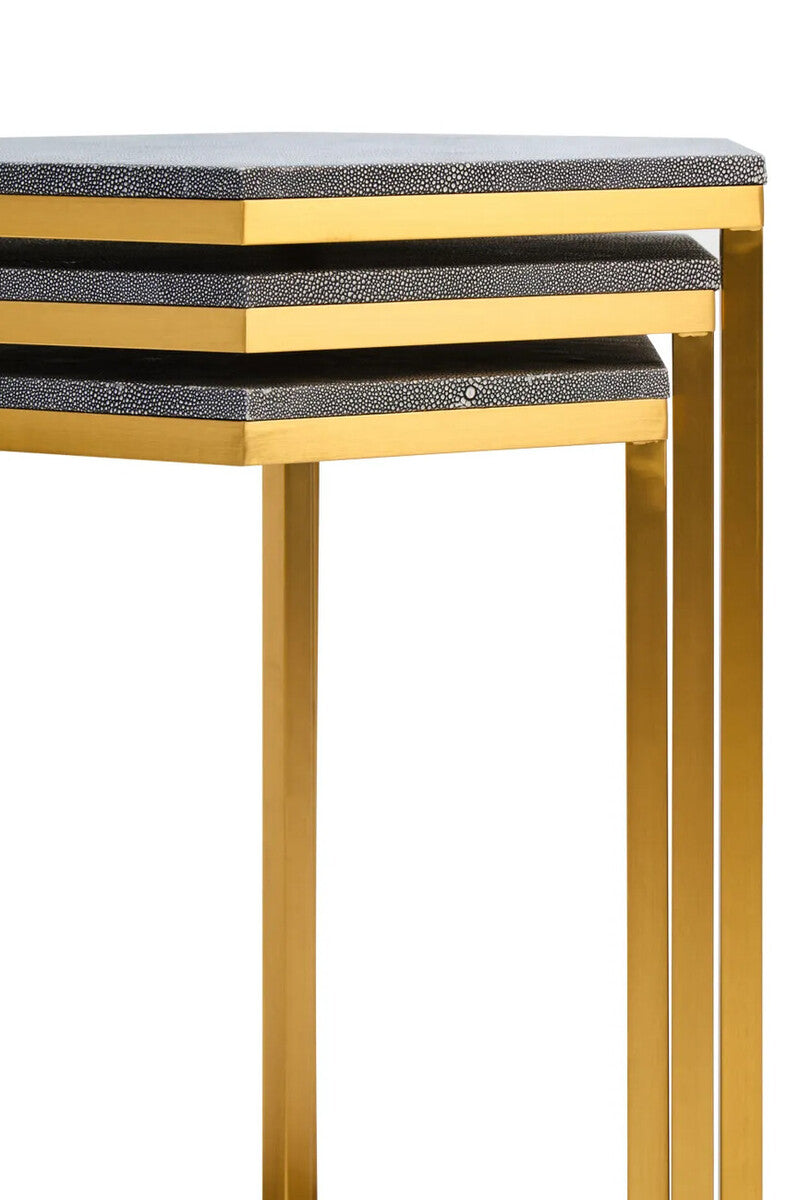 Nest of Three Blue Shagreen Effect Hexagonal Tables with Gold Finish Frame, Cardona