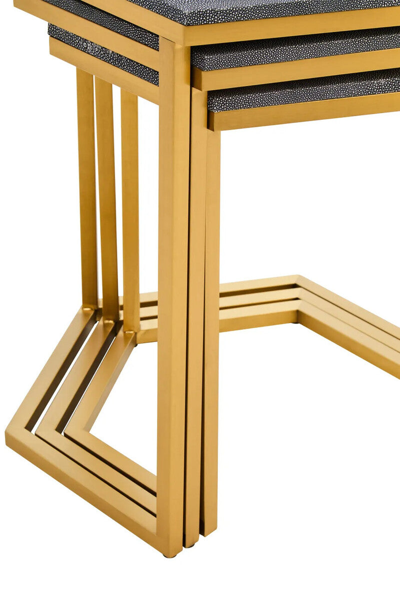 Nest of Three Blue Shagreen Effect Hexagonal Tables with Gold Finish Frame, Cardona