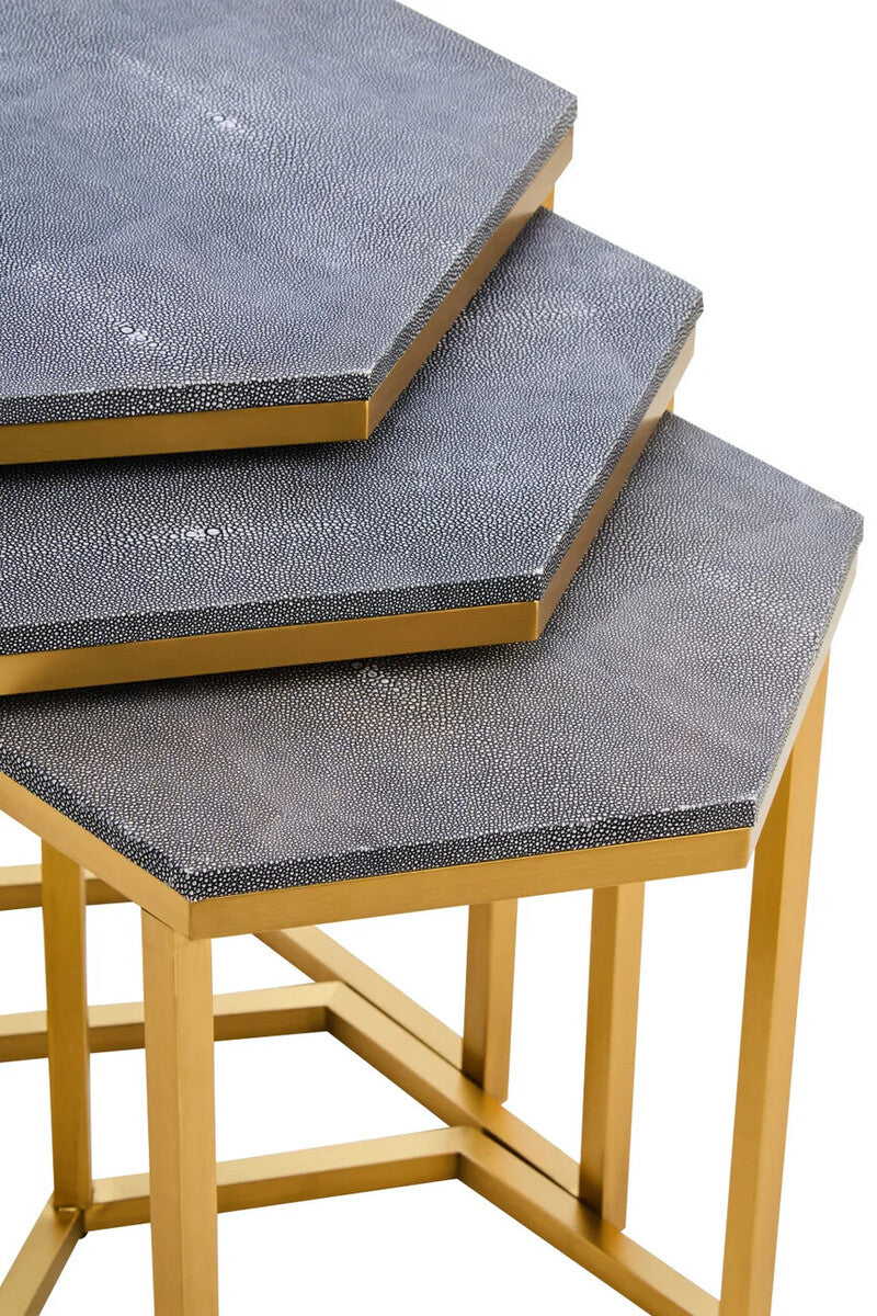 Nest of Three Blue Shagreen Effect Hexagonal Tables with Gold Finish Frame, Cardona