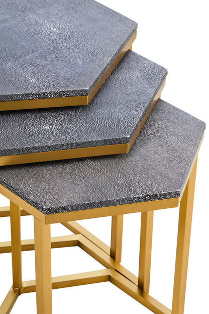 Nest of Three Blue Shagreen Effect Hexagonal Tables with Gold Finish Frame, Cardona
