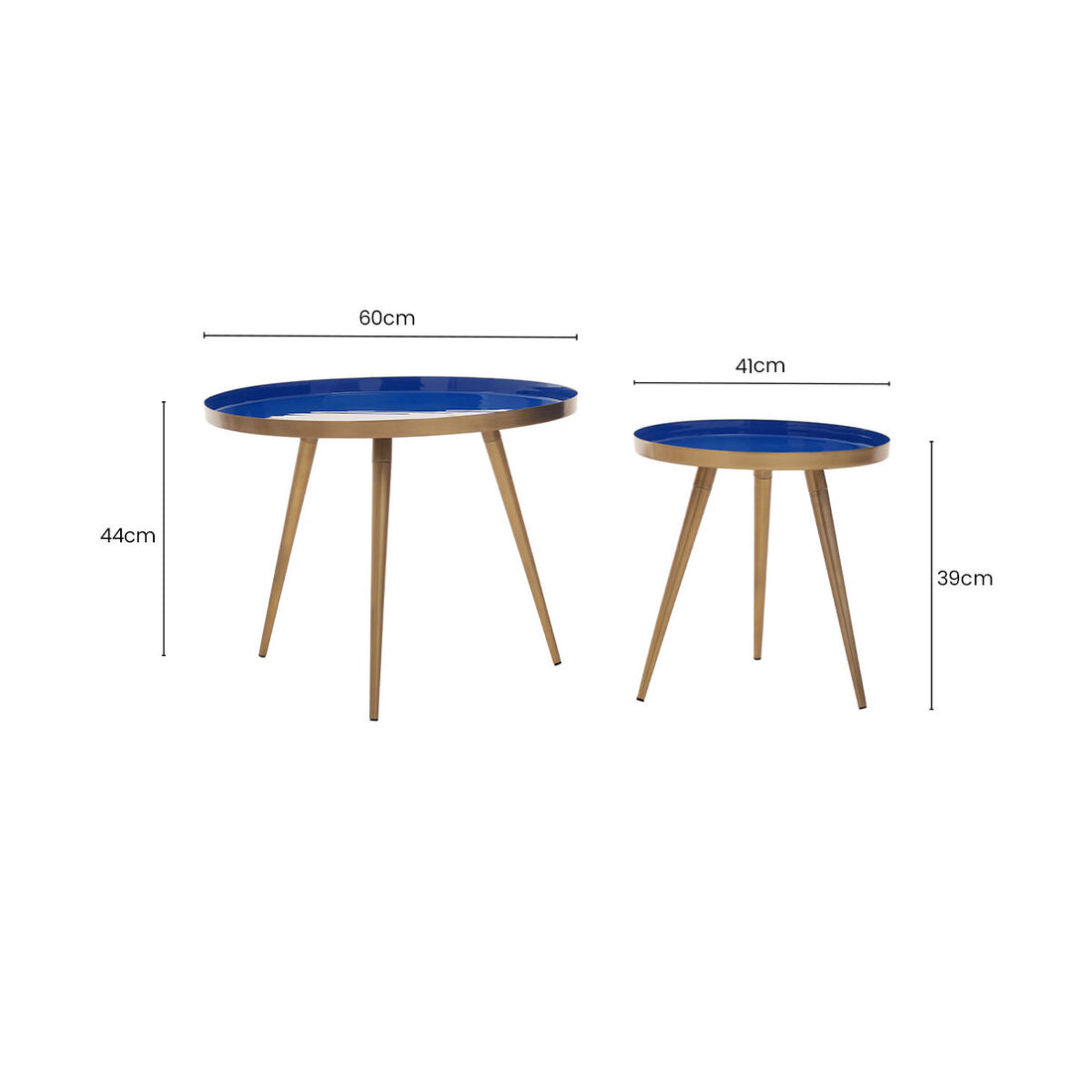 Blue Enamel Nest of Two Side Tables with Gold Finish Metal Frame, Amira