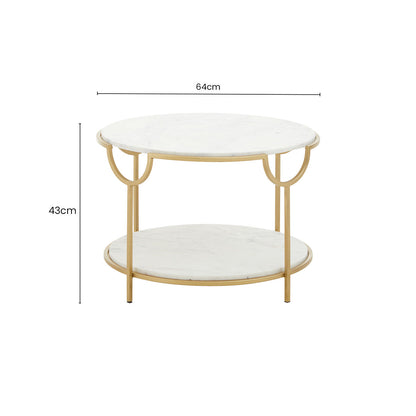 Two-Tier White Marble Top Side Table with Gold Finish Iron Frame, Pali