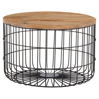 Round side table with wooden top and black metal wire cage base on a white background