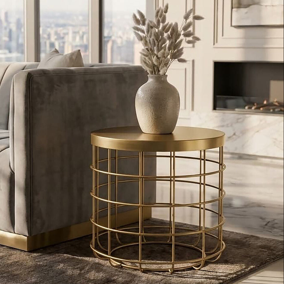 Gold Finish Iron Round Top Side Table with Caged Base, Pali