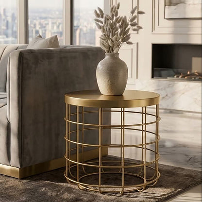 Gold Finish Iron Round Top Side Table with Caged Base, Pali