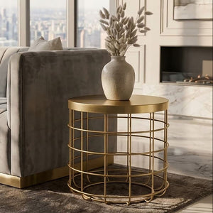 Gold Finish Iron Round Top Side Table with Caged Base, Pali