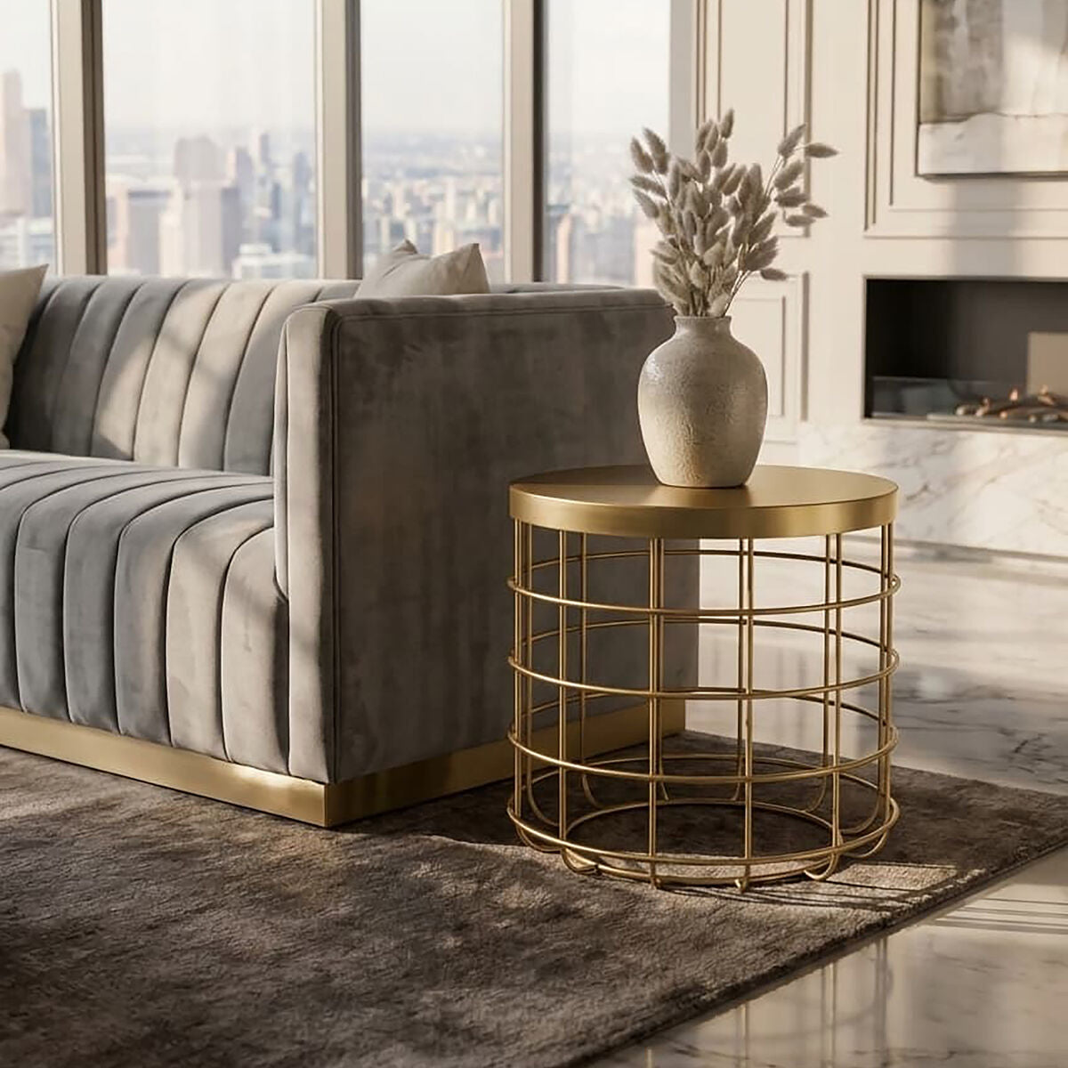 Gold Finish Iron Round Top Side Table with Caged Base, Pali