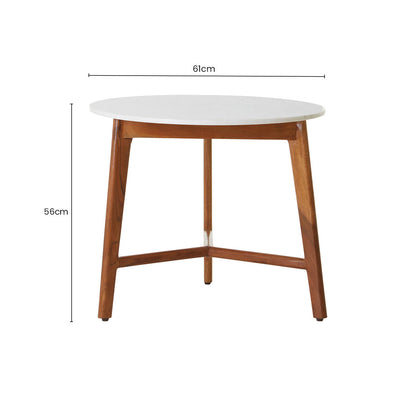 White Marble Top Round Side Table with Sustainable Acacia Wood Base, Myan