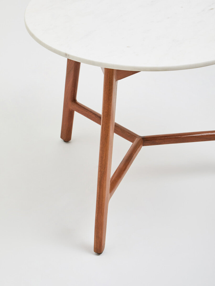 Myan Acacia Wood and White Marble Round Side Table
