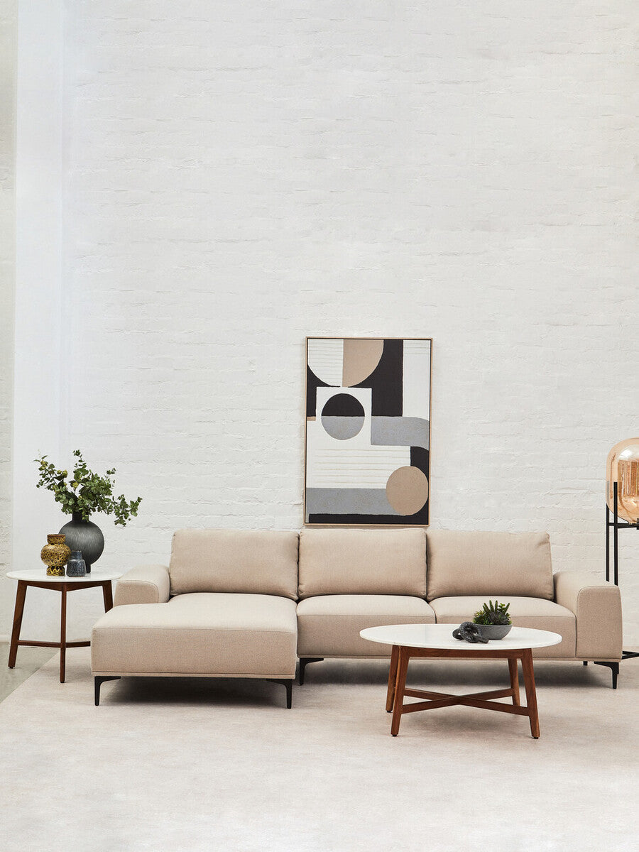 Myan Acacia Wood and White Marble Round Side Table