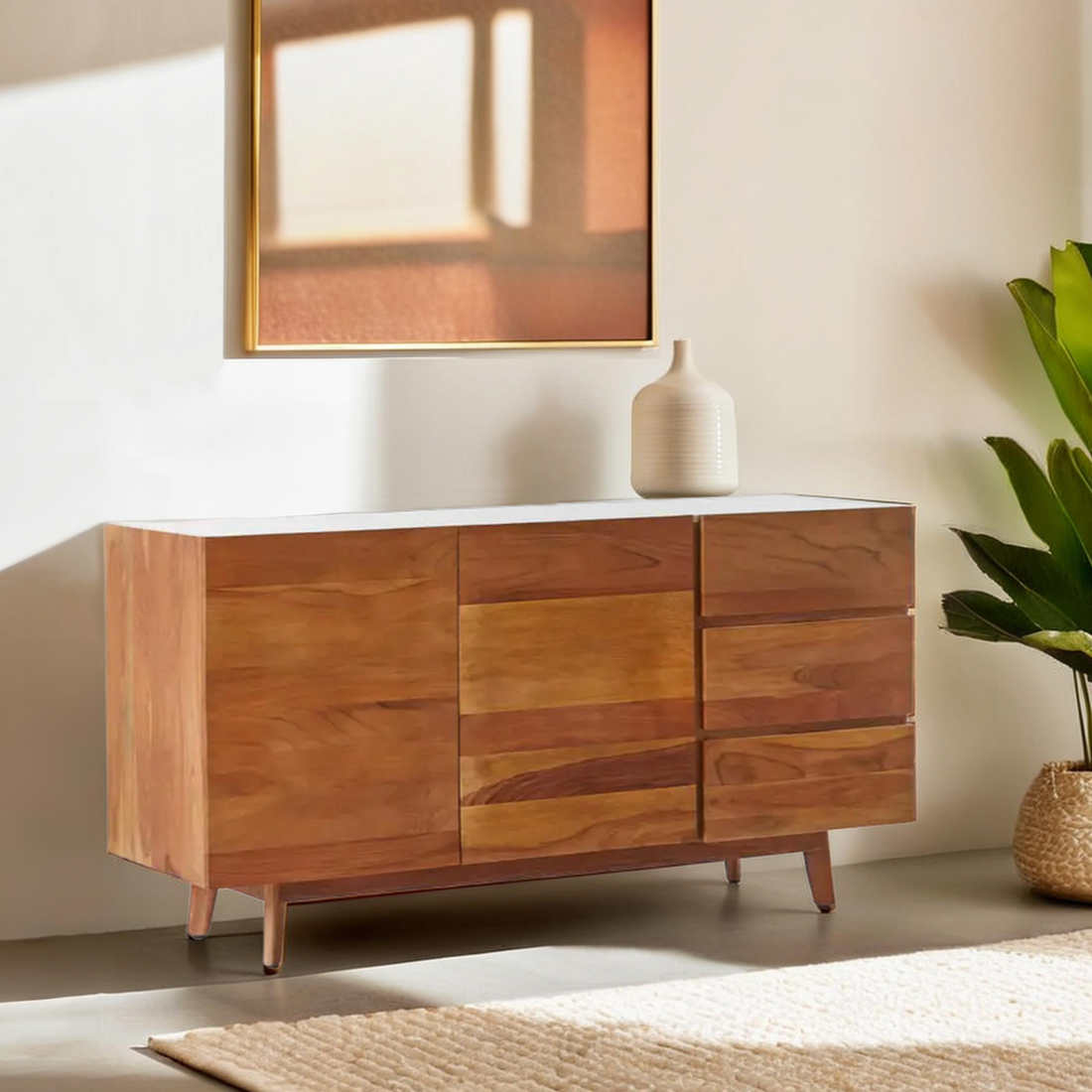 Myan 3 Drawer Acacia Wood White Marble Sideboard - Image 3