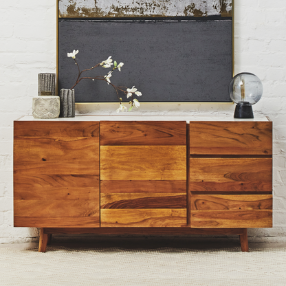 Myan 3 Drawer Acacia Wood White Marble Sideboard - Image 1