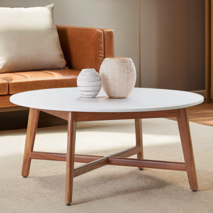Coffee table with decorative vases in a living room setting