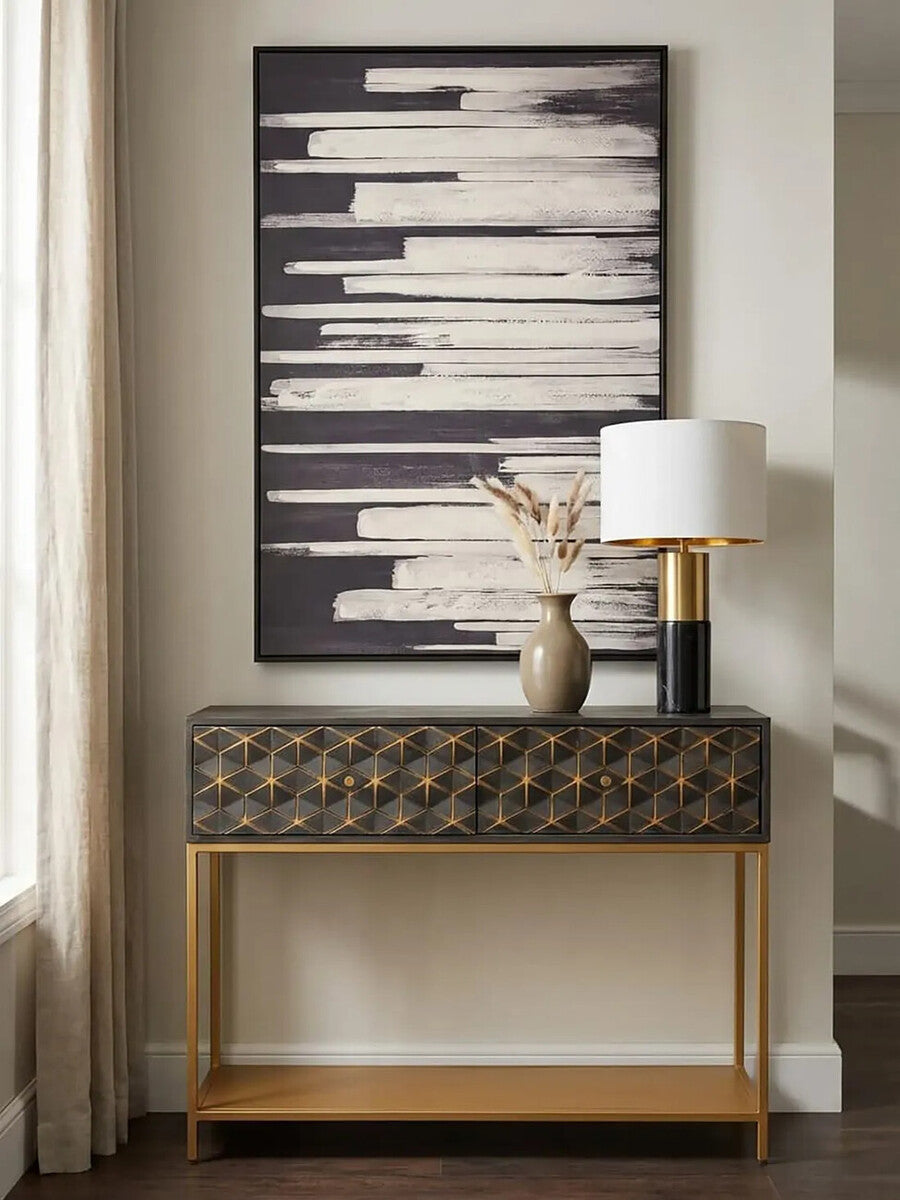 Grey Mango Wood 2-Drawer Console Table with Gold Finish Iron Frame and Lower Shelf, Patna