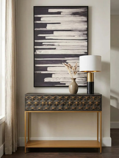 Grey Mango Wood 2-Drawer Console Table with Gold Finish Iron Frame and Lower Shelf, Patna