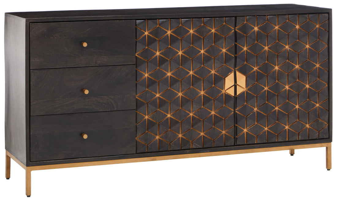 Dark wooden sideboard with geometric pattern and drawers