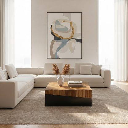 Modern living room with a beige sectional sofa, wooden coffee table, and abstract art on the wall.