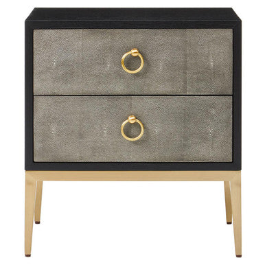 Two-drawer nightstand with textured gray finish and gold ring handles on a white background