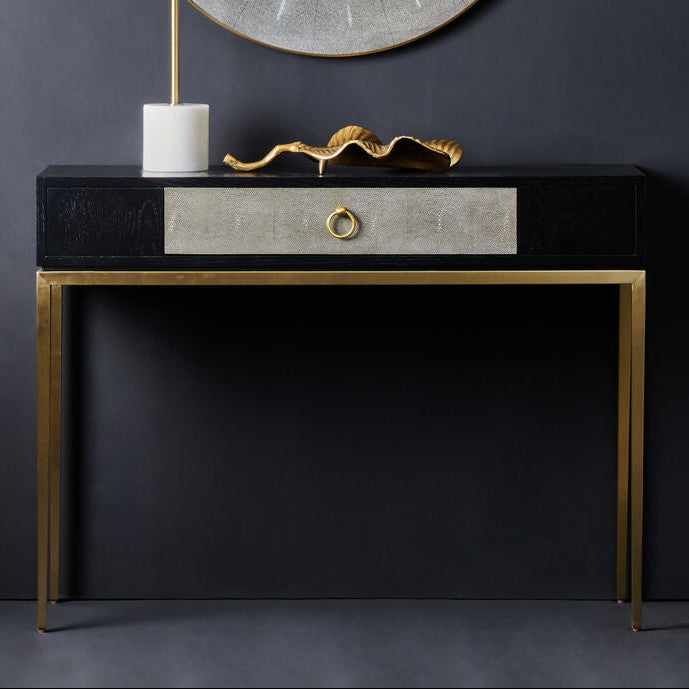 Black Top and Grey Shagreen Effect 1-Drawer Console Table with Gold Metal Legs, Deruta