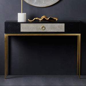 Black Top and Grey Shagreen Effect 1-Drawer Console Table with Gold Metal Legs, Deruta