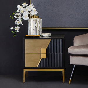 Black Fluted and Natural Grain Diagonal Front 2-Drawer Side Table with Gold Handles, Davoli