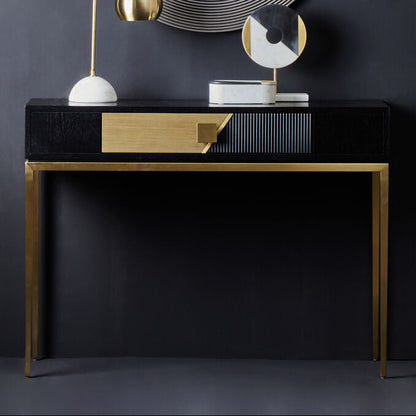 Two-Tone Black Fluted and Grained Console Table with Gold Metal Base and 1 Drawer, Davoli