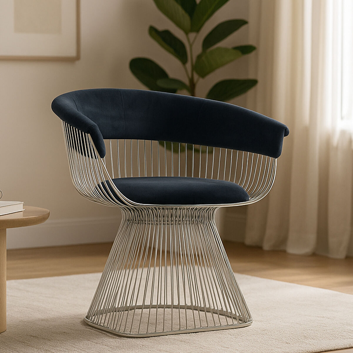 Modern chair with wireframe design and navy cushions in a room with a plant and table.