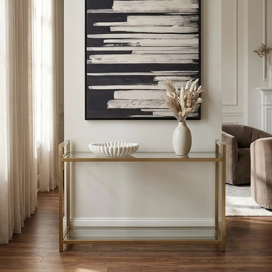 Matte Gold Stainless Steel Console Table with Clear Glass Top and Shelf, Vogue